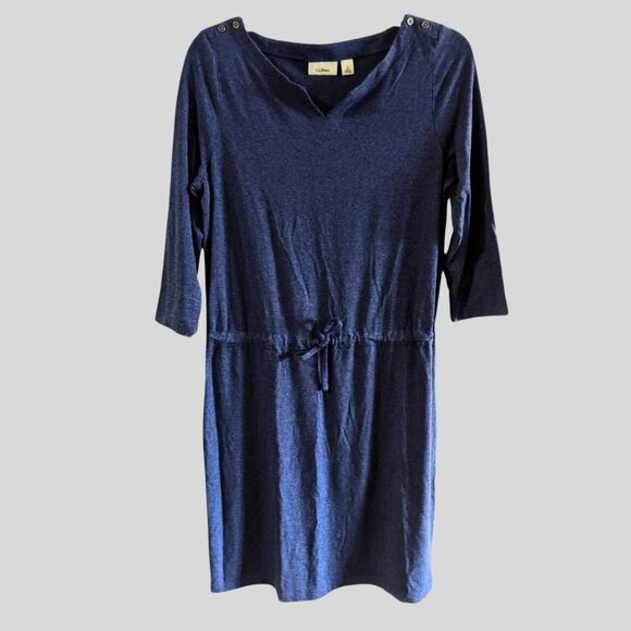 L.L. Bean Dress Women’s Size Small Blue Knit V-Neck 3/4 Sleeve Adjustable Waist - Picture 2 of 8